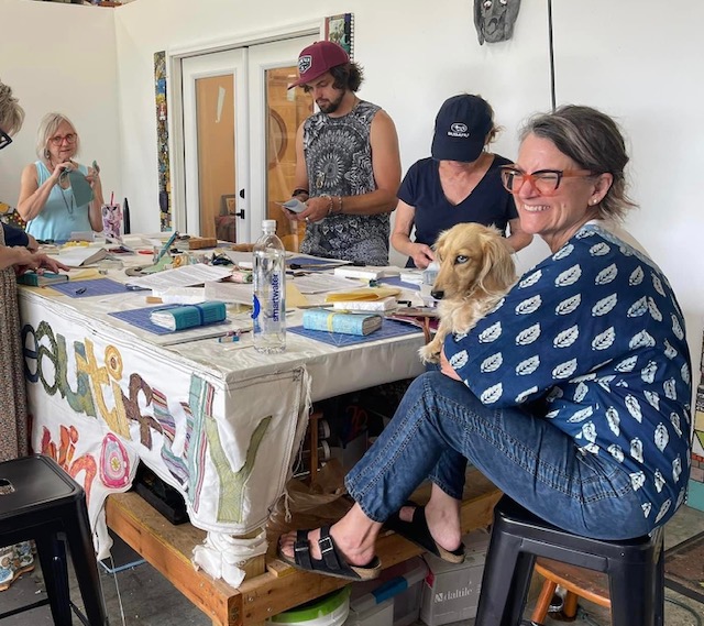 This image shows a book making class at the Bell Buckle Mosaic House led by Nancy Turner.